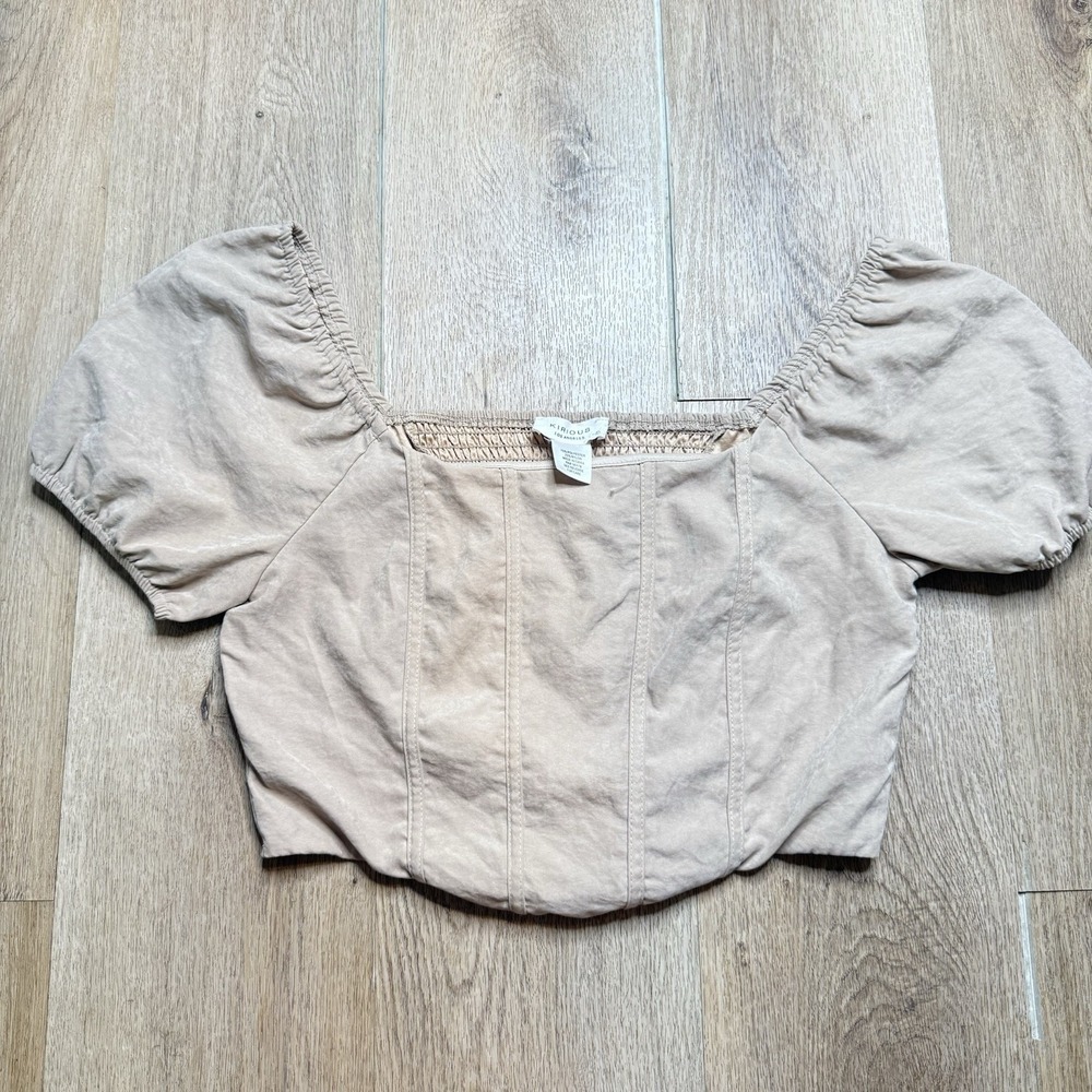 Kirious Los Angeles Womens Large Beige Puff Sleeve Smocked Crop Top Cottagecore